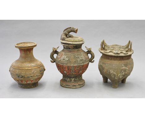 Three Large Chinese Painted Pottery VasesThree large Chinese painted pottery vases: round body resting on three stubby legs, 