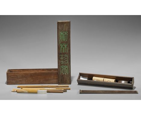 Chinese Items: Brushes, Boxes & ScaleGroup of various Chinese items, including: a carved wood scroll box, six calligraphy bru