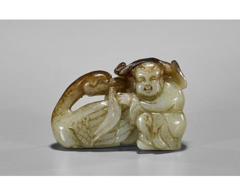 Ming-Style Celadon Jade Toggle: Boy & DuckChinese Ming-style celadon jade toggle; depicting a seated boy with recumbent duck;