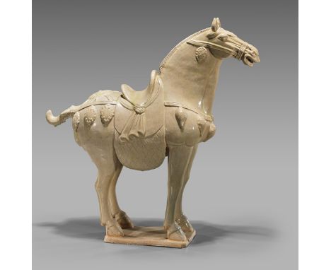 Tall Tang-Style Straw Glazed Pottery HorseTall Chinese Tang-style straw-glazed pottery horse; standing four-square atop a pli