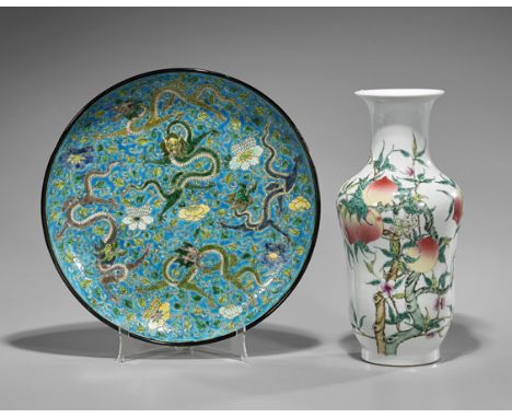 Two Qing-Style Enameled PorcelainsTwo Chinese Qing-style enameled porcelains: Yongzheng-style enameled double lobed vase with