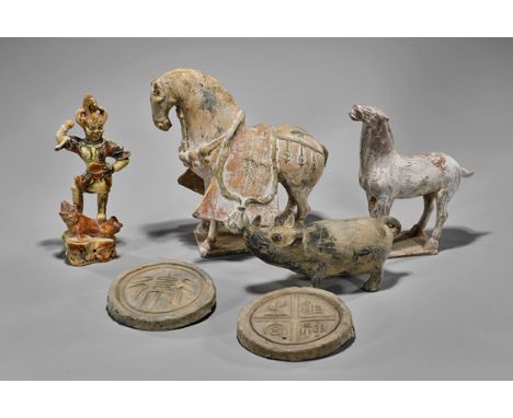 Six Early-Style Moulded Pottery ItemsGroup of six Chinese, Early-style moulded pottery items, including: two painted horses, 