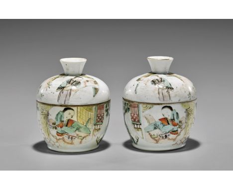 Pair Antique Erotic Porcelain JarsPair of antique, Chinese enameled covered porcelain jars; the cylindrical forms each with a