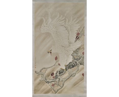 Large Chinese Paper Scroll: EagleLarge Chinese ink and color on paper scroll: depicting a white eagle with wings opened; insc