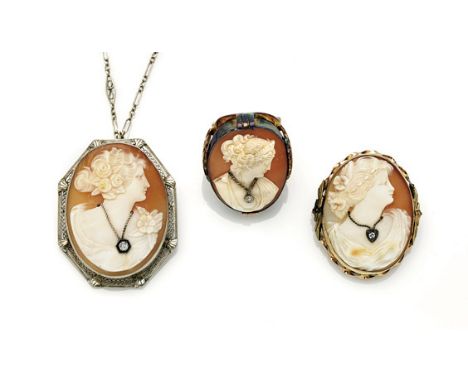 Three Antique Shell Cameo Jewelry PiecesThree antique carved cameo shell jewelry pieces, each featuring typical side profiles