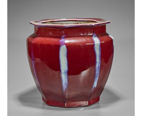 Large Chinese Oxblood Red Porcelain JarLarge Chinese oxblood red glazed porcelain jar; of baluster form on octagonal base, wi