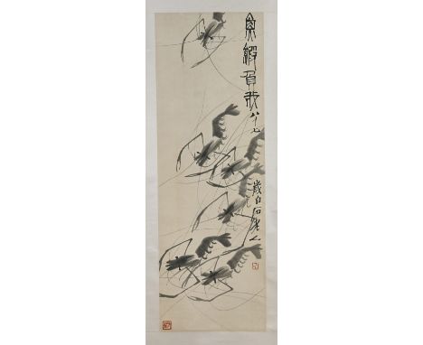 Two Chinese Scrolls: Prawns & BirdsTwo Chinese watercolor scrolls: one depicting prawns on paper; together with two birds on 