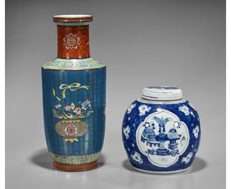 Two Chinese Qing-Style PorcelainsTwo Chinese Qing-style porcelains: Kangxi-style blue and white covered jar with fitted cover