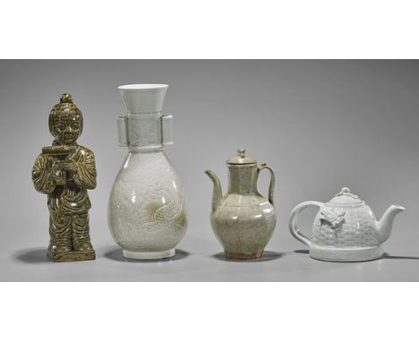 Four Early-Style Chinese CeramicsFour Early-style Chinese ceramics: celadon faceted ewer with cover; olive-green standing chi
