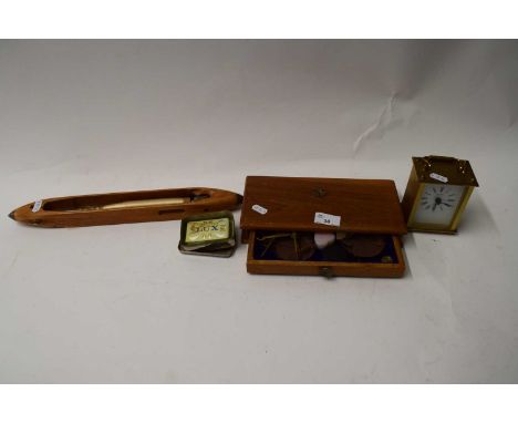 MIXED LOT : LOOM SHUTTLE TRAVELLING BEAM SCALES, MODERN BEDSIDE CLOCK