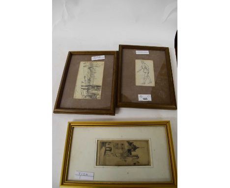 COLLECTION OF PRINTS AND PICTURES TO INCLUDE SMALL SKETCH OF A MILITARY FIGURE, VARIOUS ENGRAVINGS OF COUNTRY HOUSES TO INCLU