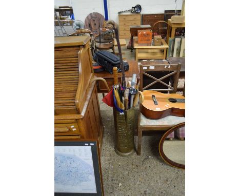 BRASS HEXAGONAL STICK STAND AND CONTENTS