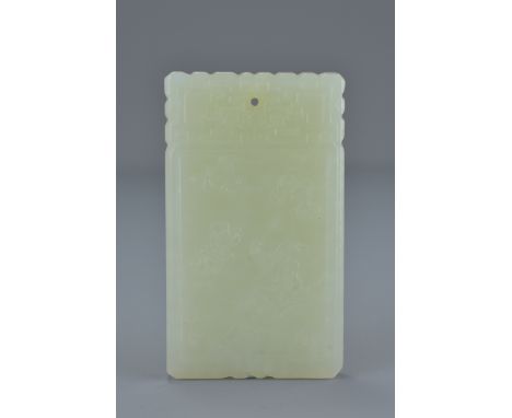 Chinese Hetian Jade Plaque carved with scholar and a child to one side and inscription of poem to the other, 3.5cms x 6cms