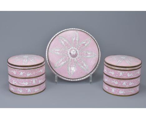 A pair of Chinese 19th century pink ground cloisonné enamel three-tier boxes and covers with blue enamel interior together wi