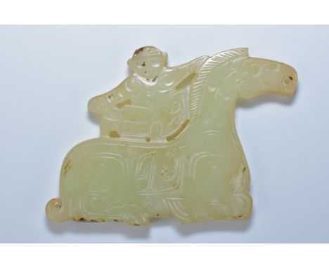A Chinese jade pendant caved with a monkey on a horse. 7.5cm length