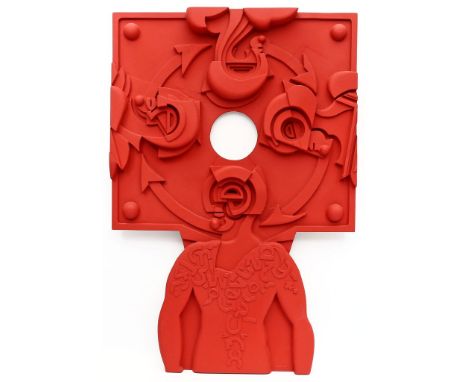 Eggers, W.P. Eberhard (1939 Hannover 2004) Großes Wandrelief - Figuren. Guss, rot gefasst. Alt rep. U. sign. bzw. bez. "EGGER