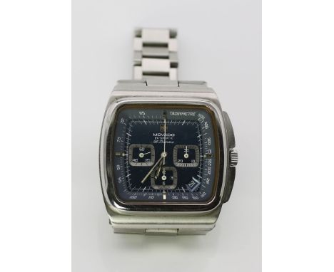 Seltener Herren-Armbandchronograph "MOVADO", Modell "Primero", so genannte "TV". Quadratisch gerundetes Gehäuse mit geschraub