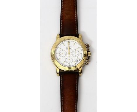 Herrenarmbandchronograph "Zenith", Modell "El Primero Rainbow". 750/000 GG-Gehäuse, brutto 90 g. Drehbare Lunette mit Tachyme