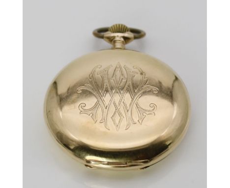 Herrensavonette. Glattes zwei Deckel 585/000 GG-Gehäuse, brutto 79,2 g, Staubdeckel aus Metall, graviertes Monog. "MW". Weiße