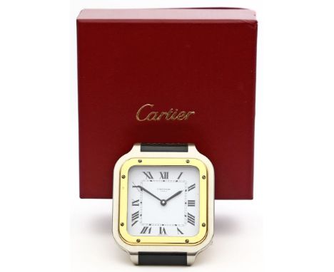 Tischwecker "Cartier", Modell "Santos". Quadratisches Edelstahlgehäuse mit schwarz gelackten, stilisierten "Bandanstössen" un