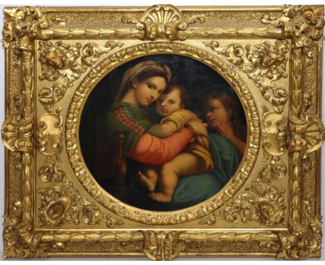 Unbekannter Maler (19. Jh.) "Madonna della Sedia", nach Raphael. Öl/Lwd. (rest.). Runder Bildausschnitt, gesamt 75x 75 cm. In