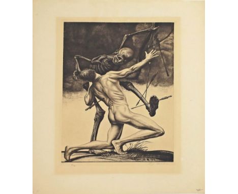 Müller, Richard (1874 Tschirnitz - Dresden 1954) "Todeskampf". Radierung in Schwarz/Papier (gebräunt, l. Knickspuren, oben te