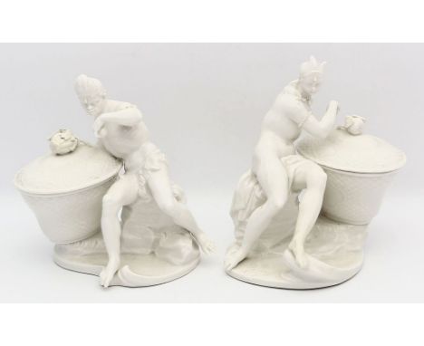 Paar figürliche Deckelsalieren, Nymphenburg. Als allegorische Darstellungen verschiedener Kontinente, weiß. 1x vegetabile Dec