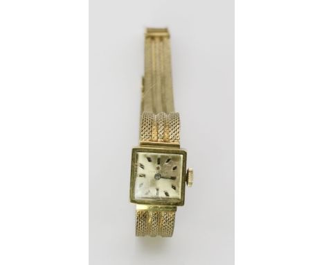 Damenschmuckbanduhr "Junghans". Quadratisches Gehäuse und angesetztes Milanaiseband 585/000 GG, brutto 21,5 g. Matt versilber