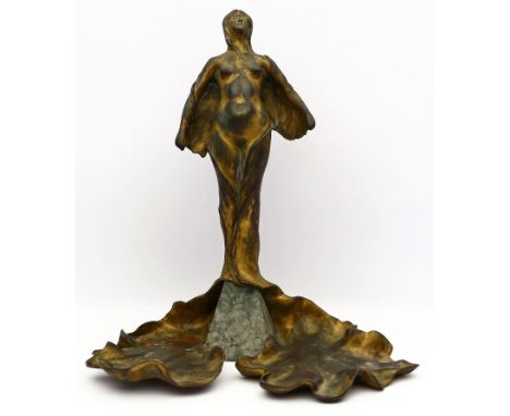 Delagrange, Léon Noël (1872 Orléans - Bordeaux 1910) Jugendstil-Mädchenakt mit Tuch, in Sockel übergehend: "Nu voilé". Bronze