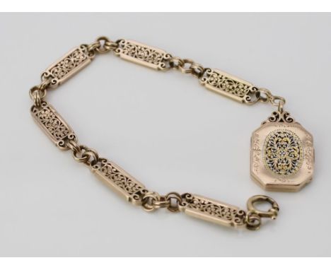 Chatelaine mit Tricolor-Medaillonanhänger. 14 kt. RG mit GG und WG, geprüft, 14,8 g. a) Chatelaine aus sechs rechteckigen, au
