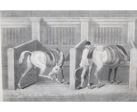 ~ James Seymour (British, 1702-1752) Stable scenes with hunters and hounds, mezzotints by T Burford, plates 250mm by 350mm (2