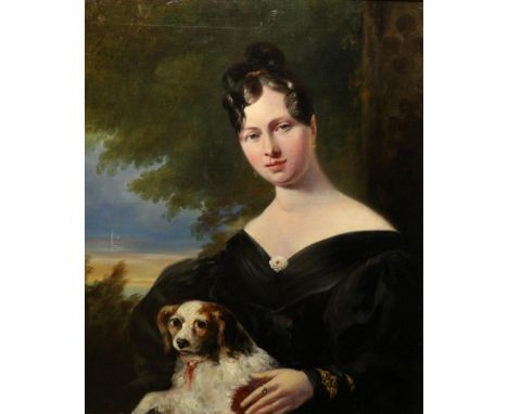 Follower of Thomas Lawrence (1769-1830) Portrait of a young lady, half length, wearing a black silk dress, holding a spaniel 