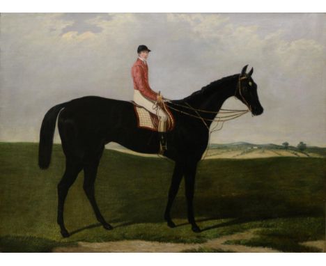 Manner of  Harry Hall (1814-1882) ''Musjid'' - Portrait of a jockey seated on a black racehorse, bears signature and the date