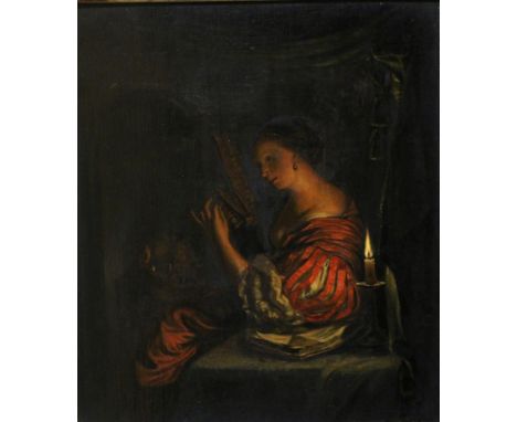 Manner of Godfried Schalcken (1643-1706) Dutch, Lady with a guitar by candlelight, with red wax seal to reverse, oil on panel
