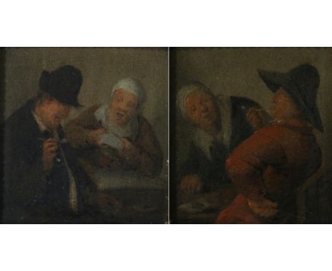 Circle of Egbert Van Heemskerk (1634-1704) Dutch, Gentleman pipe smoker wearing a red coat with an attendant peasant woman, w