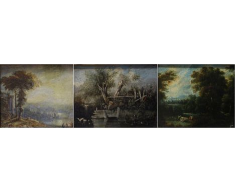 Follower of Claude Lorrain (1600-1682) French, Figures in a Classical Arcadian landscape, oil on board, together with an oil 