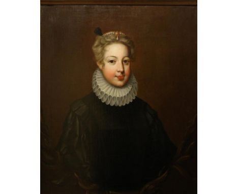 Manner of Pourbus (1569-1622) Portrait of a noble lady, half length, wearing a black satin doublet, white ruff and a string o