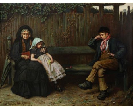 Lance Calkin ROI (1856-1936) Figures on a bench after a church service, signed, oil on canvas, 70cm by 90cm 