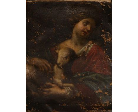 Manner of Guido Reni (1575-1642) Italian, Portrait of St Agnes holding a lamb, oil on canvas, 72.5cm by 58cm