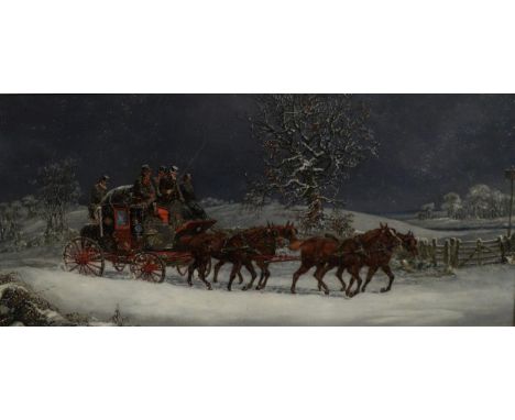 Henry Alken (19th Century), York to London Royal Mail coach in snow, signed, oil on panel, 37cm by 75cm In an overall good st