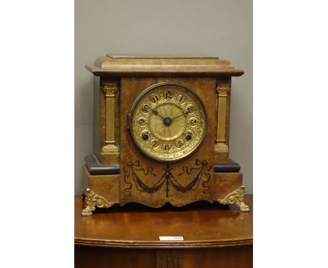 Early 20th century walnut mantel clock, architectural cased with gilt metal square column pilasters and scrolled paw feet, gi