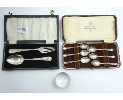 Set of six silver coffee spoons, fork and spoon cased and a napkin ring approx 4oz   Condition Report   Click here for furthe