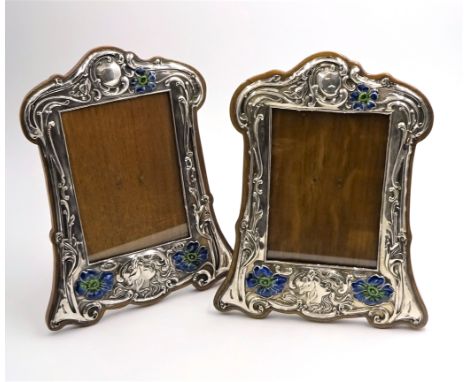 Pair of Art Nouveau silver and enamel on oak freestanding photograph frames by R U & Co Birmingham 1905 H.21.5cm   Condition 