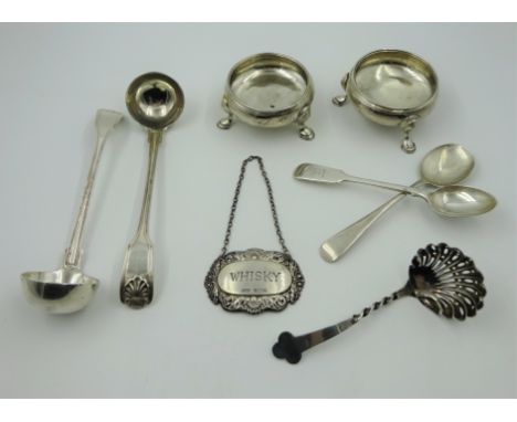 Pair of William IV silver salts, maker I.M London 1836, pair of ladles London 1859, other silver spoons and 'Whisky' bottle t