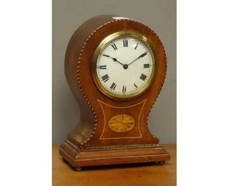 Edwardian inlaid mahogany balloon mantle clock, 'Buren' movement with platform escapement, H21cm   Condition Report   Click h
