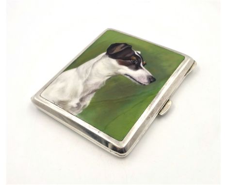 Early 20th century enamelled cigarette case with finely detailed Jack Russell portrait panel 9cm   Condition Report   Click h