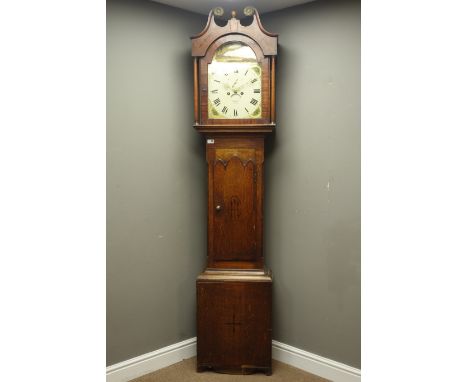 Early 19th century oak and mahogany banded longcase clock, triple arched trunk door with inlay, eight day movement with ename