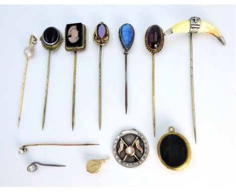 Two diamond and pearl gold stick pins tested 14ct, Victorian garnet cabochon gold stick pin tested 9ct, gold agate fob stampe