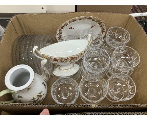 A box containing various Brierley, Stuart and other cut glass sundae dishes, Val St. Lambert and other salad plates, a Herend