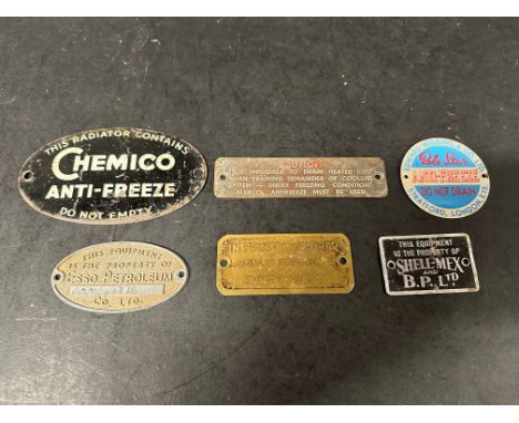 Four anti-freeze  plaques and two petroleum plaques inc. Chemico, Shell-Mex, Esso, Pole Star etc. 
